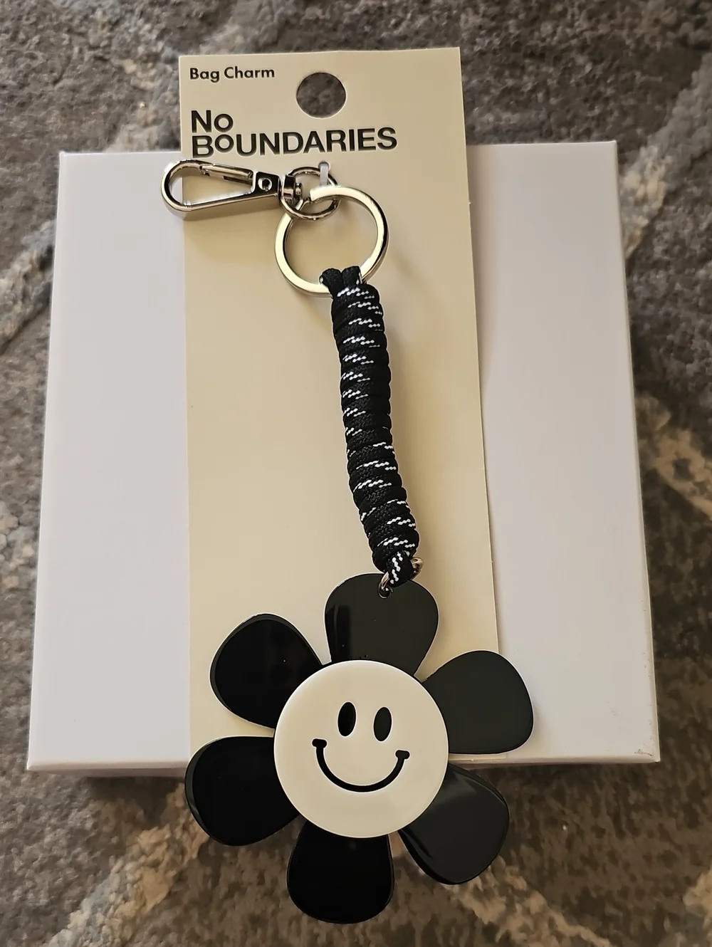 No Boundaries Black and White Smiley Flower Bag Charm  Keychain